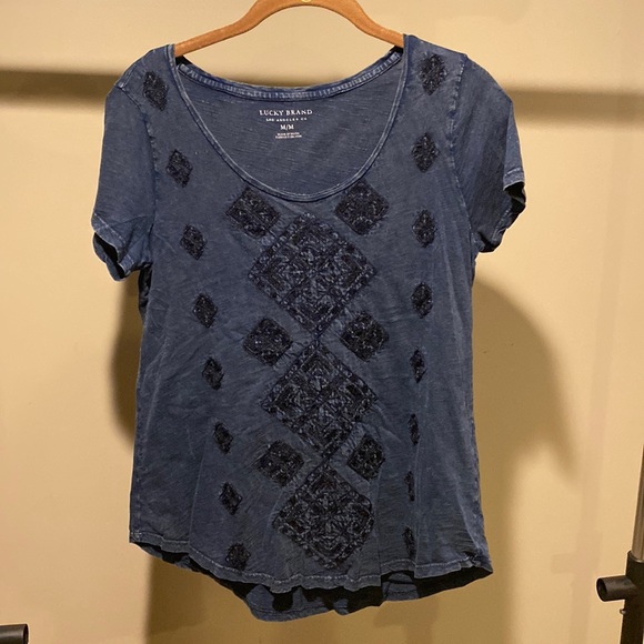 Lucky Brand Tops - Lucky Brand Faded Blue Cotton Diamond Embroidered Patterned Tee Shirt | M
